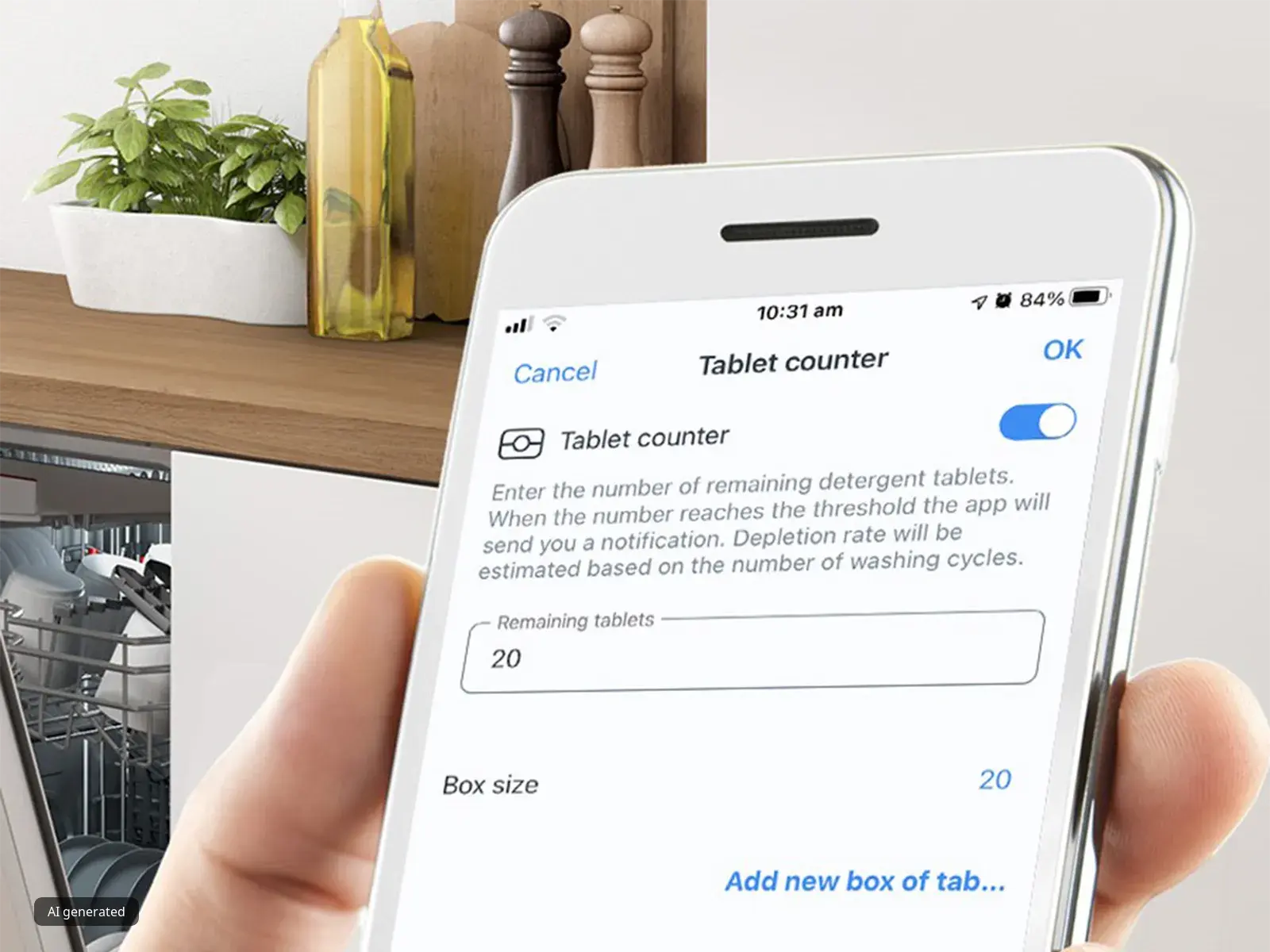 Osoba pristupa informacijama putem mobilne aplikacije Home Connect o svojoj zalihi tableta za perilicu posuđa.