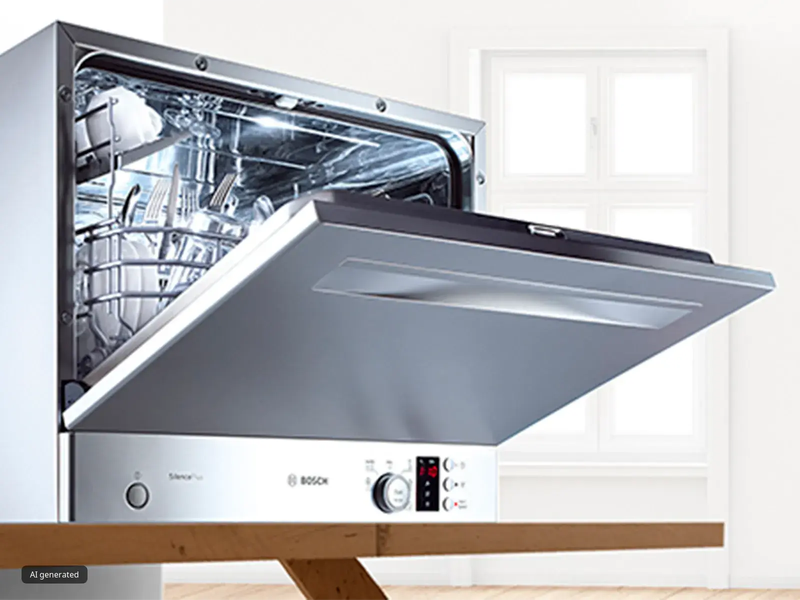 Stainless steel dishwasher with open door, displaying clean dishes inside.