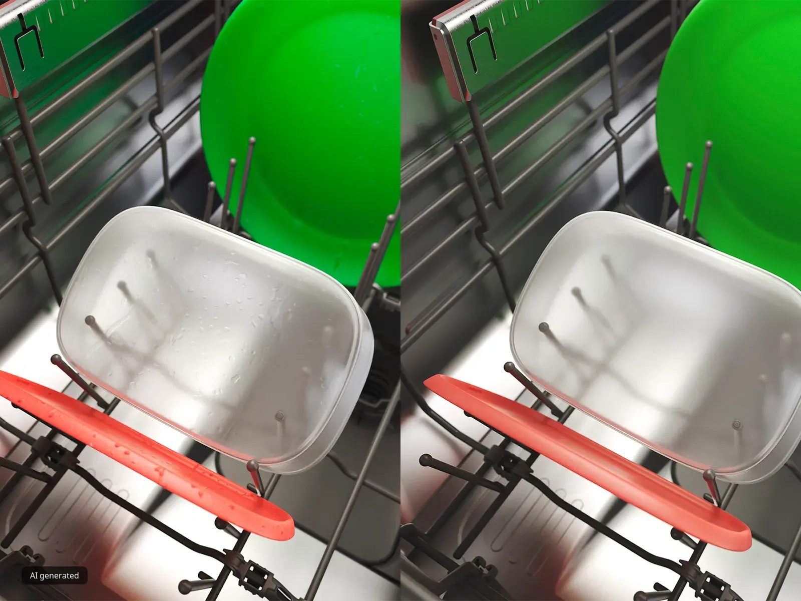 Comparación de dos recipientes tipo Tupperware: uno con gotas y otro sin ellas.