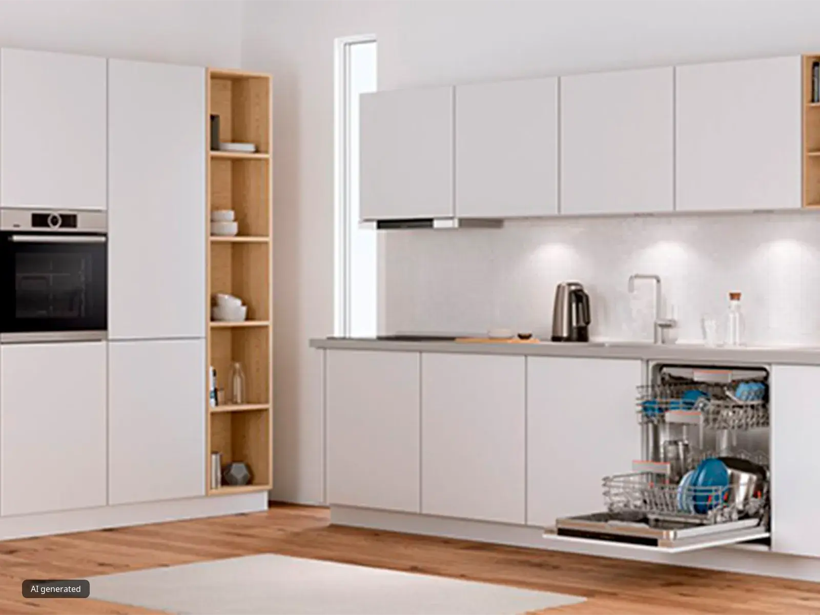 Μοντέρνα ανοιχτή κουζίνα με συσκευές Bosch.