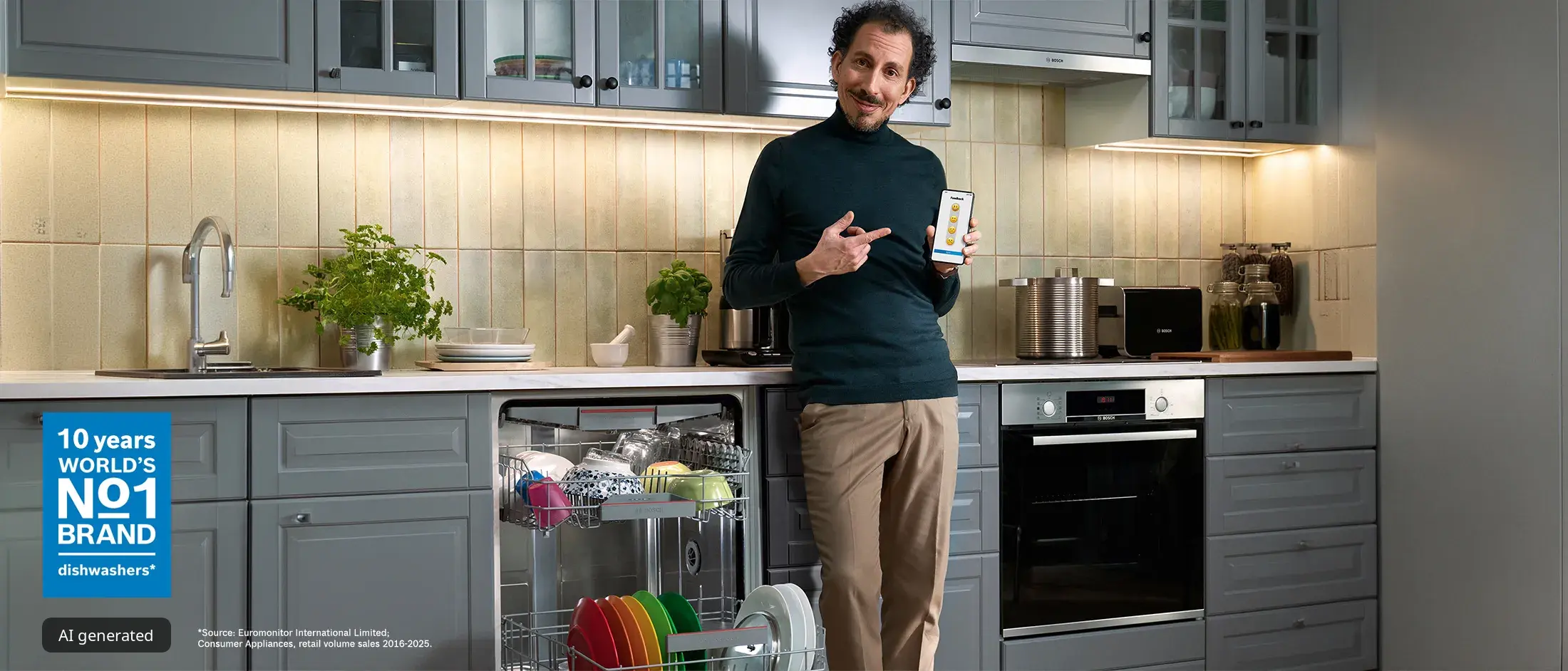Un uomo in una cucina con uno smartphone indica una lavastoviglie Bosch con gli sportelli aperti che mostrano i piatti.