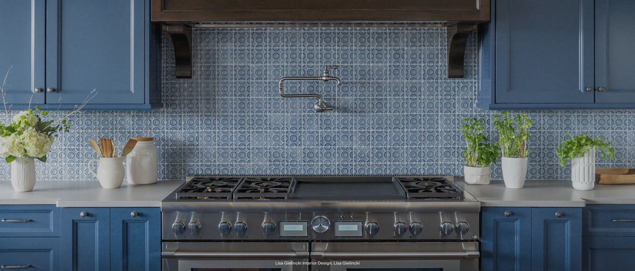 Modern kitchen with a stainless steel stove, blue cabinetry, blue patterned tile backsplash, and plants and flowers on the countertop.