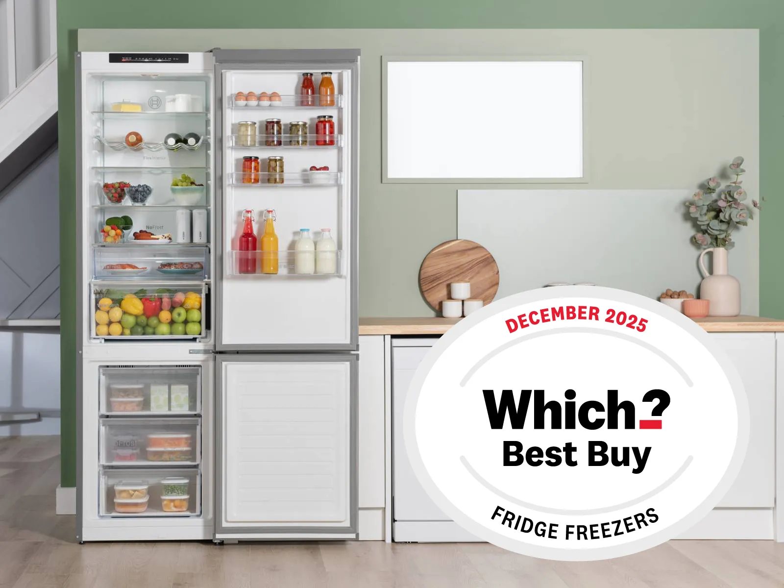 Fridge freezer with which badge overlay