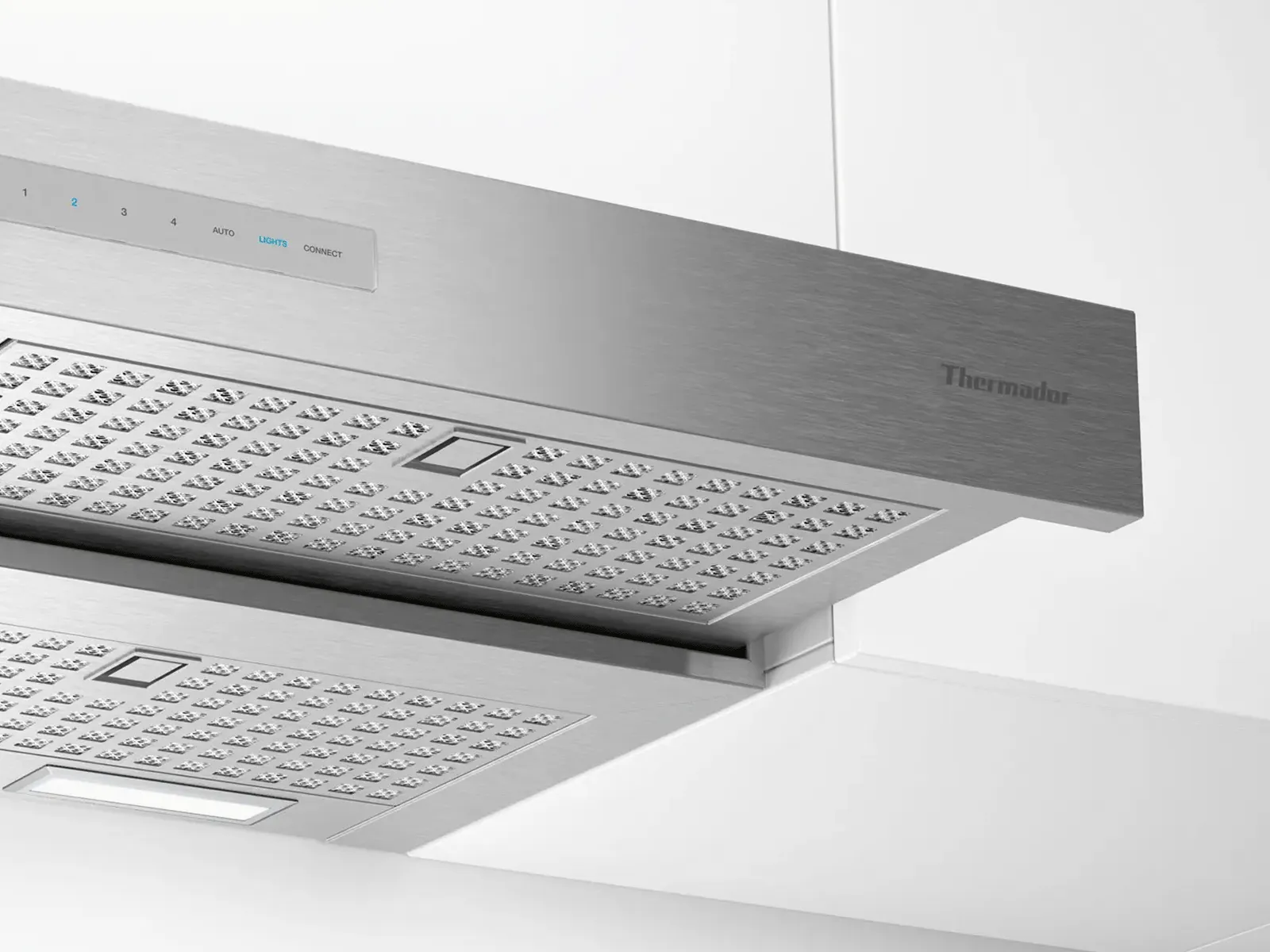 Close up of Thermador drawer slide out hood panel