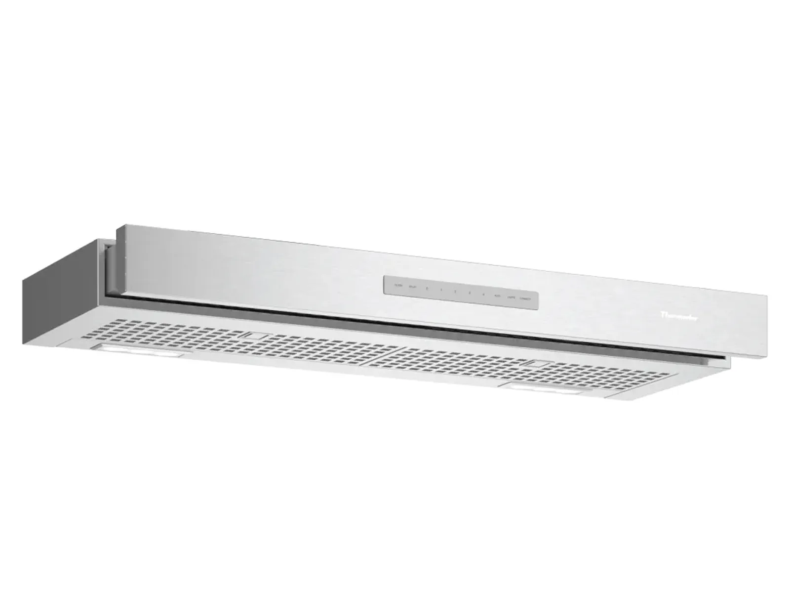 Front view of a Thermador drawer slide out hood 36 inch