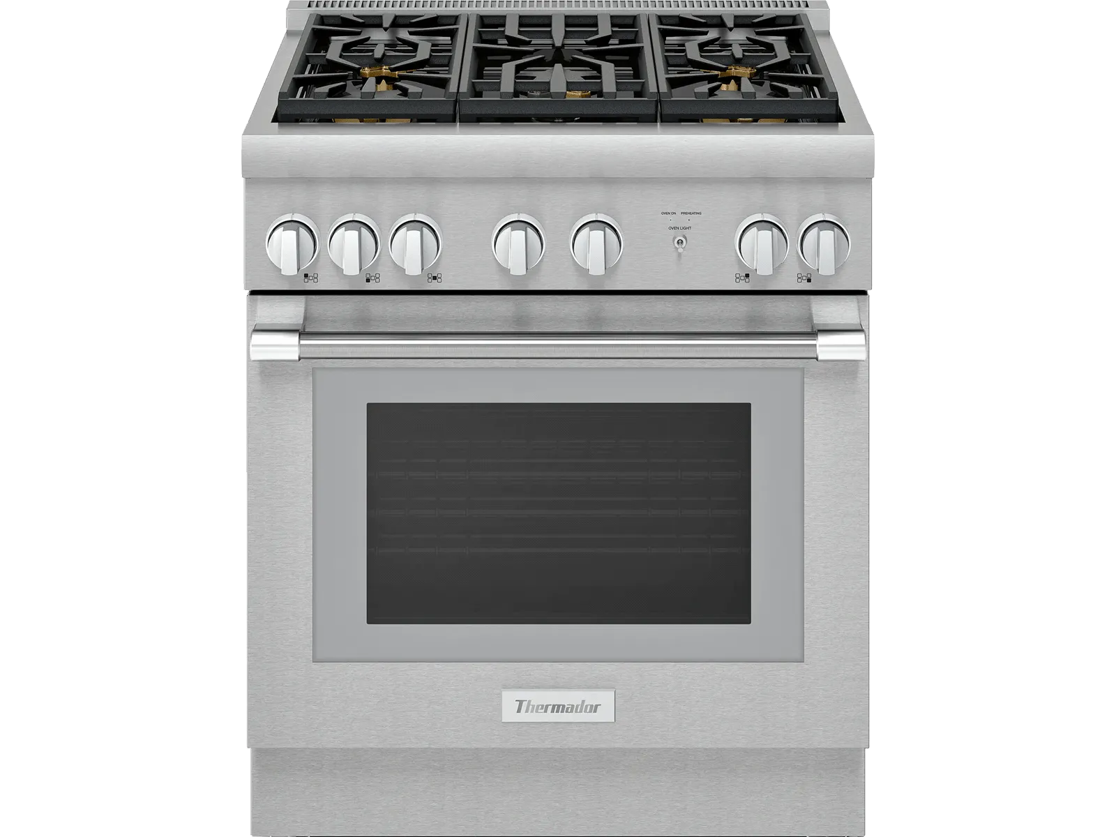 Stainless-steel professional gas range with six burners, front control knobs, and a single oven.
