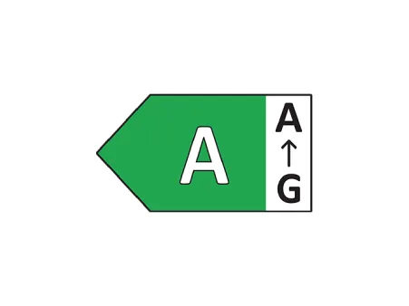 Energy efficiency label with a green "A" rating and an arrow pointing upward from G to A on the right side.