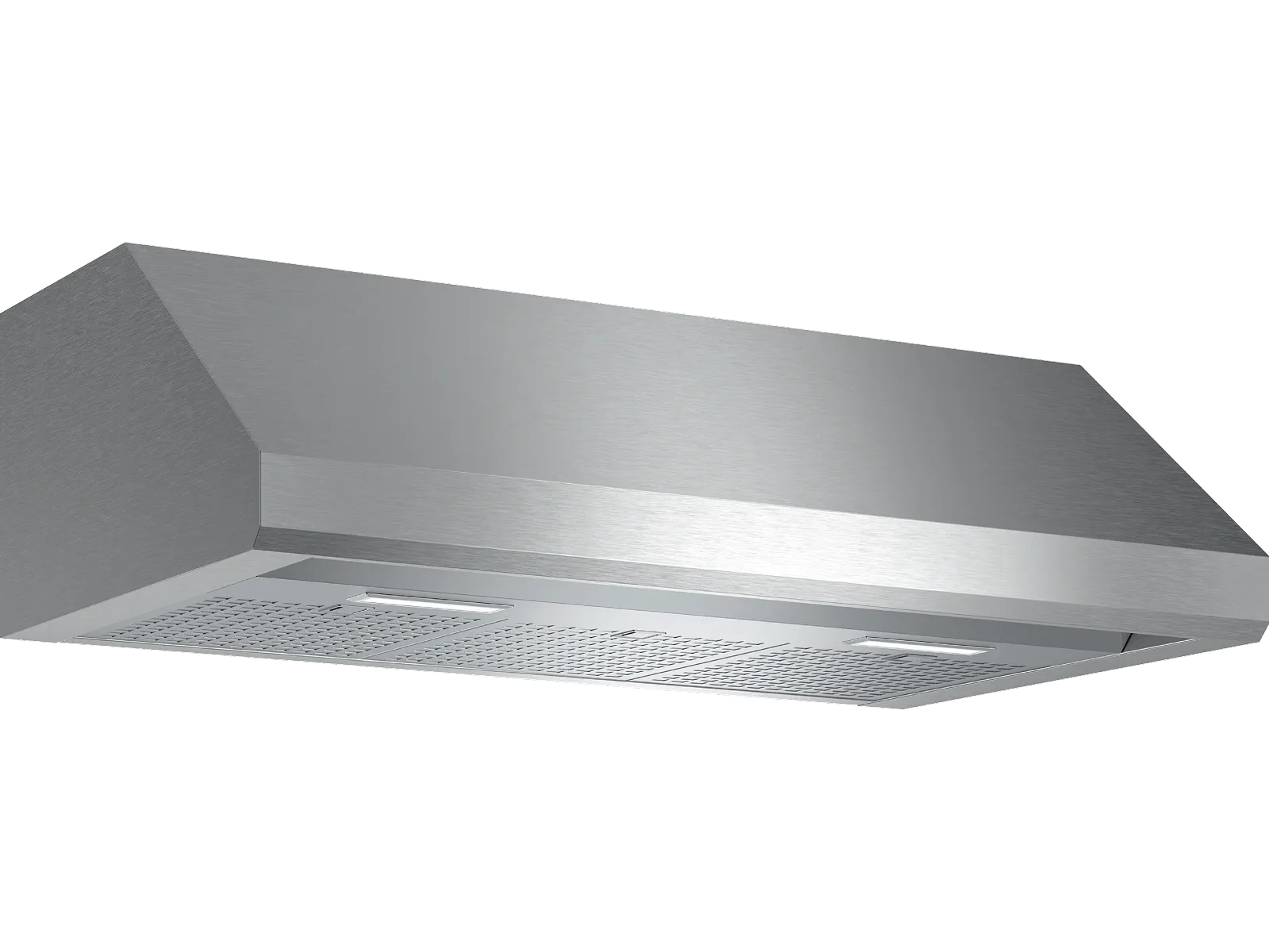Stainless steel kitchen range hood with mesh filters and built-in lights, designed for ventilation above a stove