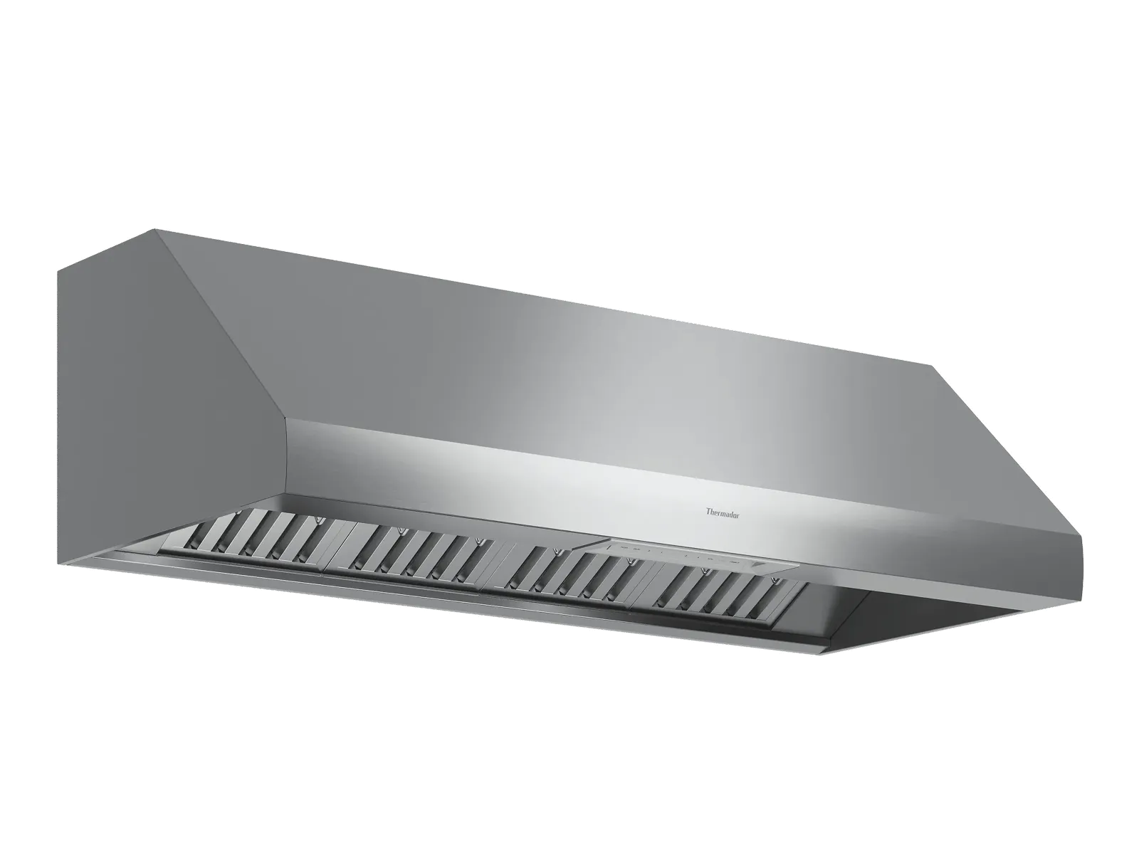 Stainless steel Thermador wall-mounted kitchen range hood with baffle filters for ventilation and grease capture