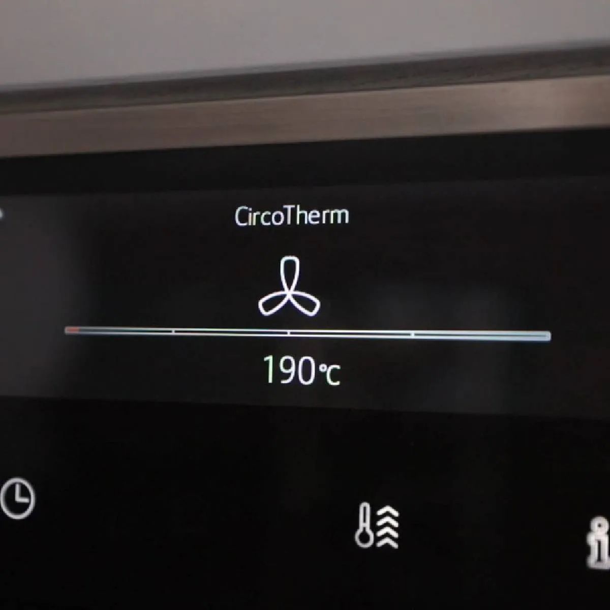 A close-up of a Neff oven's digital display showing "CircoTherm" function with a fan icon and a temperature of 190°C, with a timer set to 01:42.
