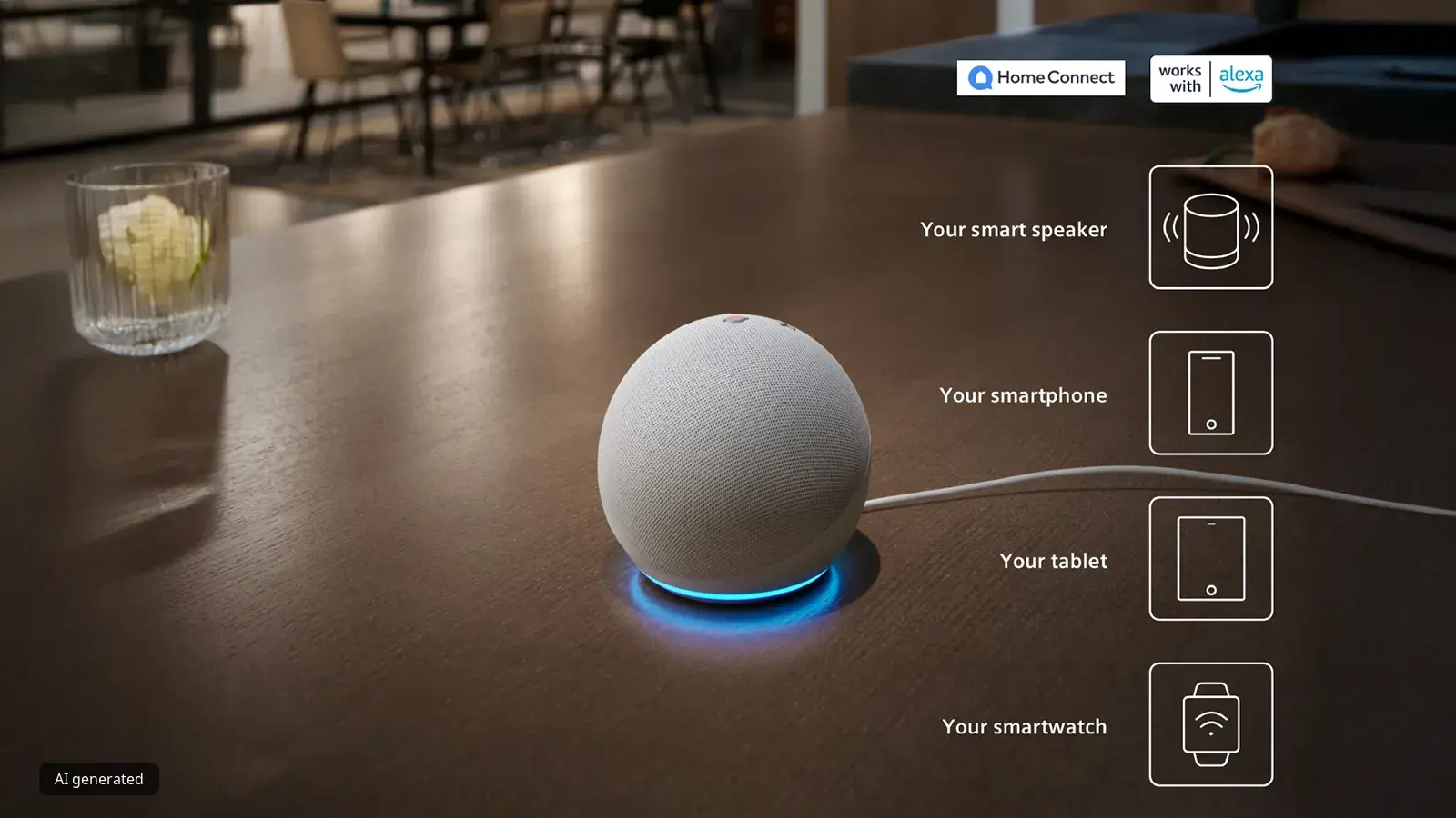 Smart speaker bianco con luce blu su un tavolo in legno, connesso tramite Home Connect e compatibile con Alexa, affiancato da icone di dispositivi smart.