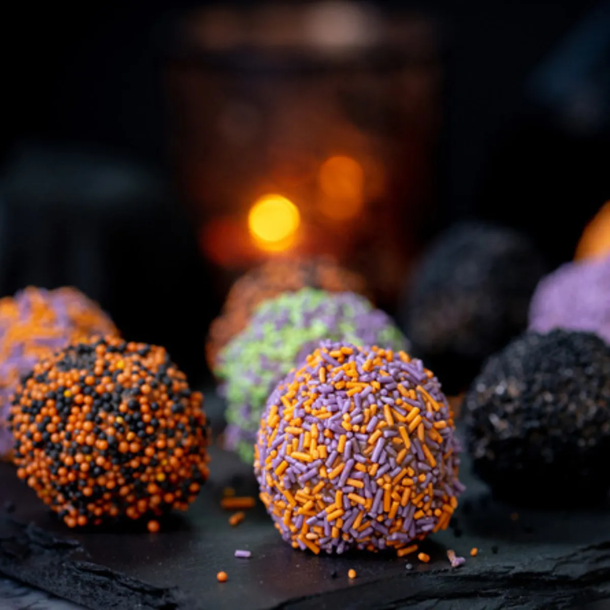 Colorful, textured truffles against a dark background with blurred lights.