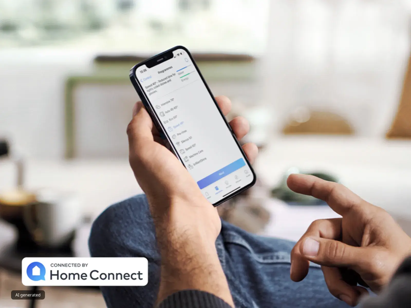 Una persona con in mano uno smartphone su cui è aperta l'app Home Connect, che mostra lo stato di avanzamento di vari elettrodomestici, in un accogliente salotto.