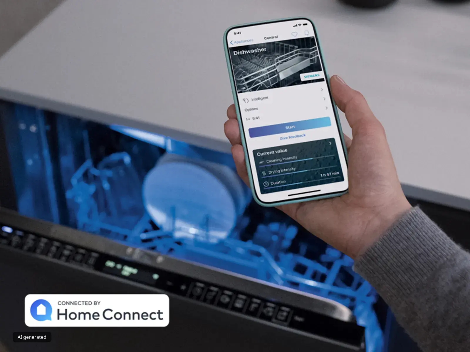 Mano che impugna uno smartphone con cui si controlla la lavastoviglie tramite l'app Home Connect; lo sportello della lavastoviglie è aperto e l'interno è illuminato.