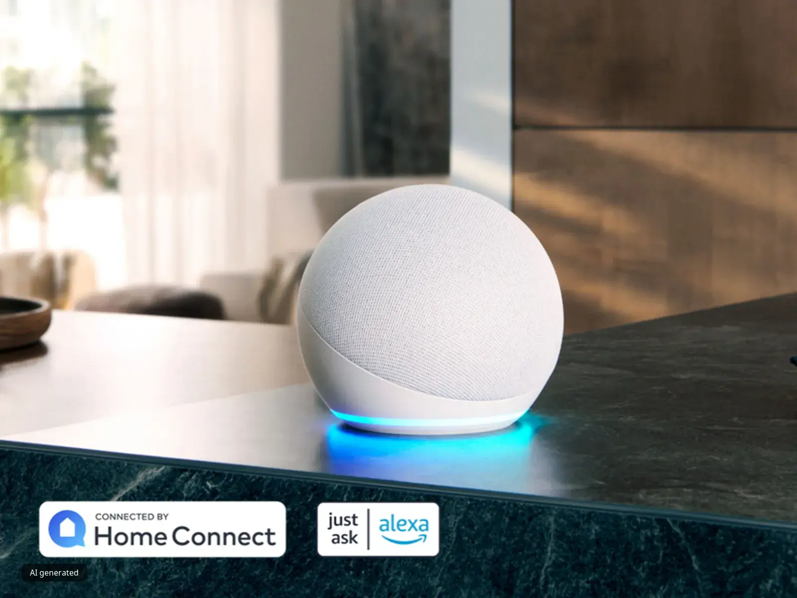 Altoparlante intelligente bianco con base illuminata di blu su un tavolo in marmo scuro, con i loghi di Alexa e Home Connect.