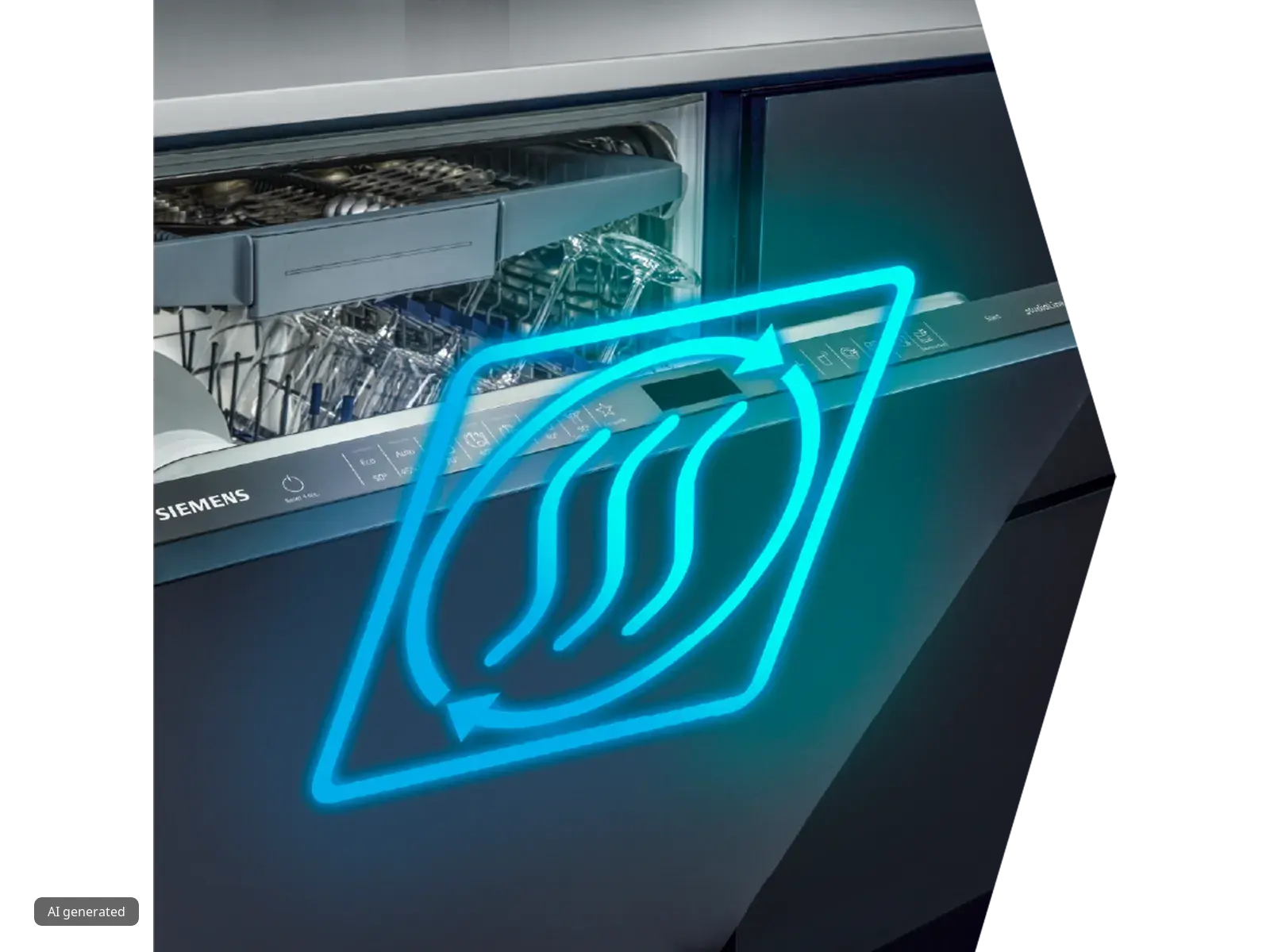 Närbild på en Siemens diskmaskinslucka som öppnas med en blå grafisk illustration av en termometer.