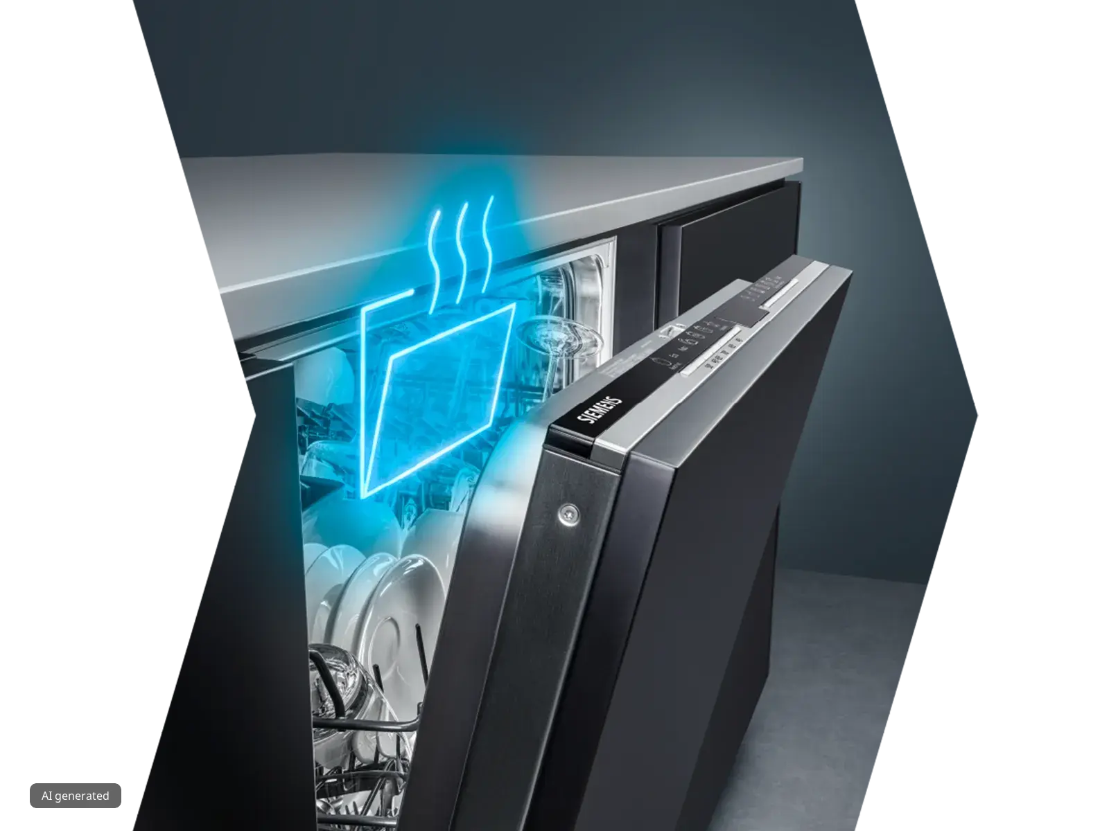 Närbild på en öppen Siemens diskmaskin med en blå grafisk illustration av ånga som släpps ut.