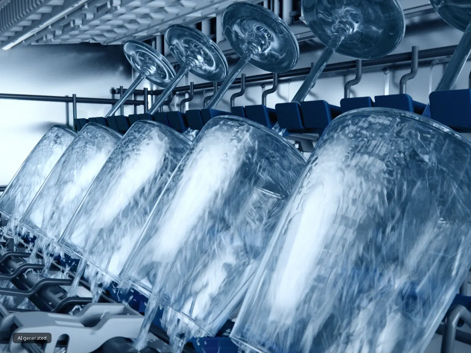 Fem vinglas besprutas med vatten inuti glassZone i en Siemens diskmaskin.