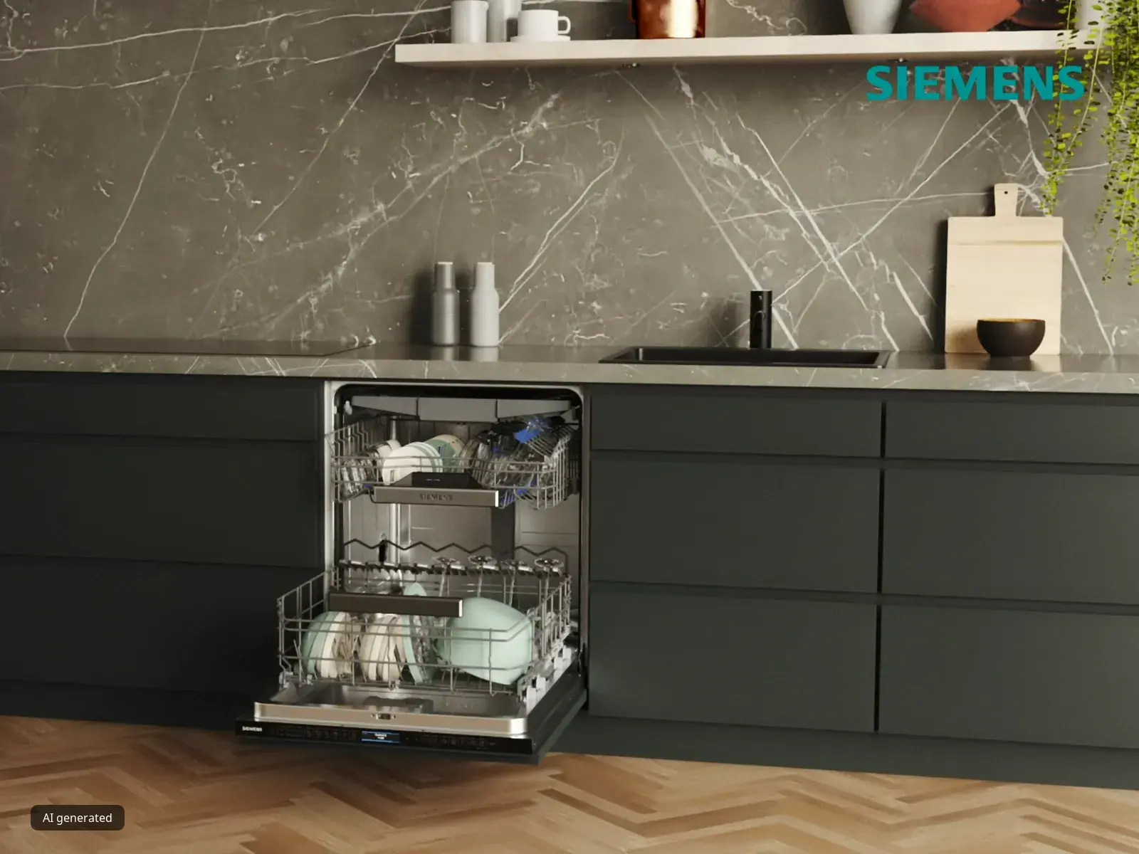 En elegant Siemens diskmaskin står öppen och visar disk och glas inuti, mot en modern köksbakgrund med en marmorvägg.
