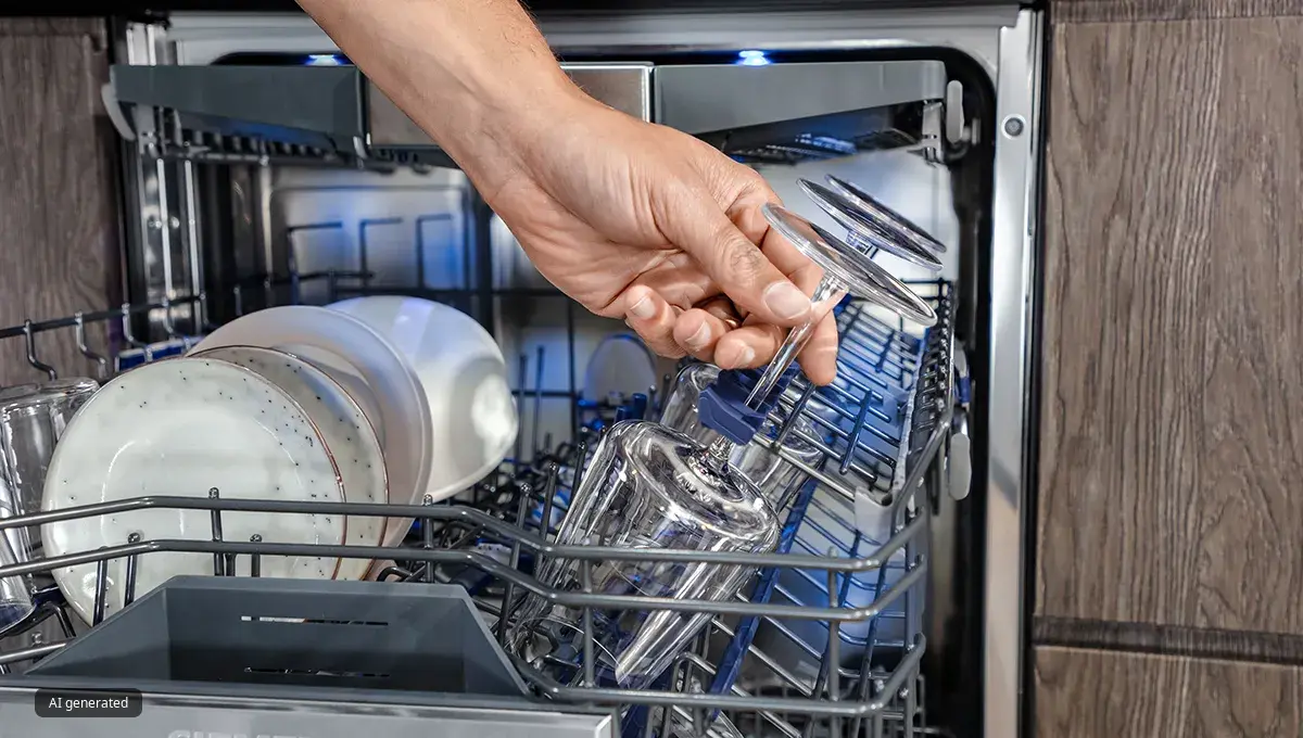En hand tar bort ett rent vinglas från överkorgen på en Siemens diskmaskin.
