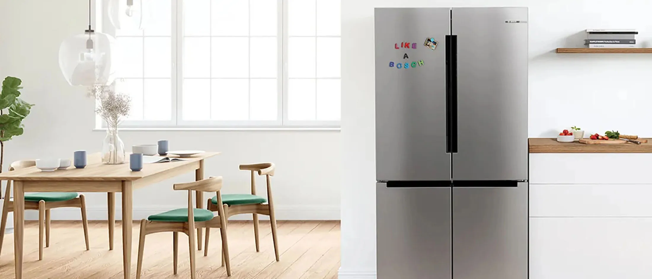 American style fridge in a white clean kitchen