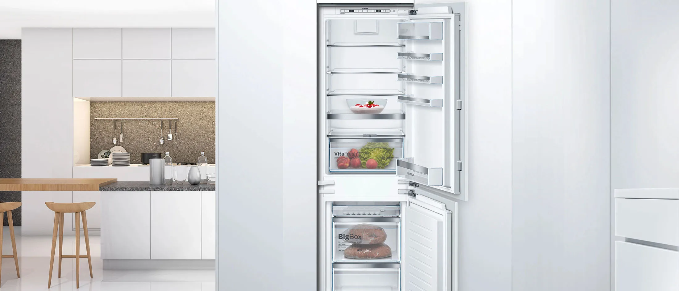 Modern kitchen with a white fridge and cabinets, wood counter, open fridge door, and a window.