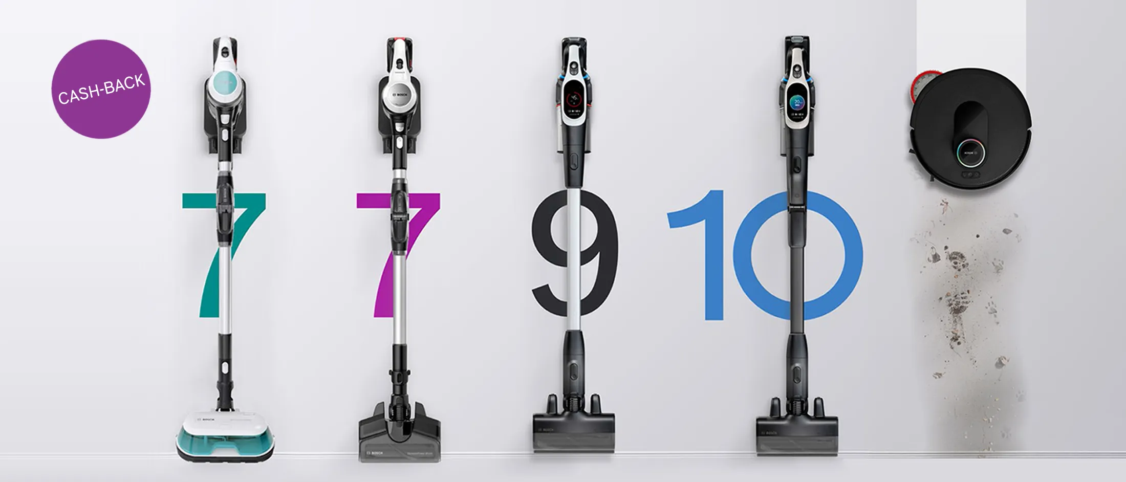 Gama de aspiratoare Unlimited 7 Aqua, Unlimited 7, Unlimited 9, Unlimited 10 și aspirator robot Spotless alături picrogramă cash-back