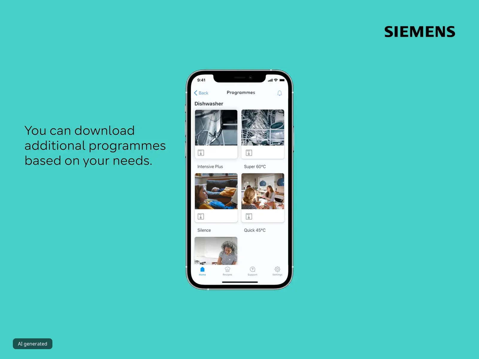 Ekran smartfona wyświetlający aplikację Siemens z różnymi programami do pobrania, dostosowanymi do potrzeb użytkownika.