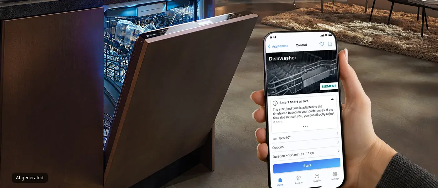 Smartfon wyświetlający stronę internetową, laptop i wnętrze z meblami.