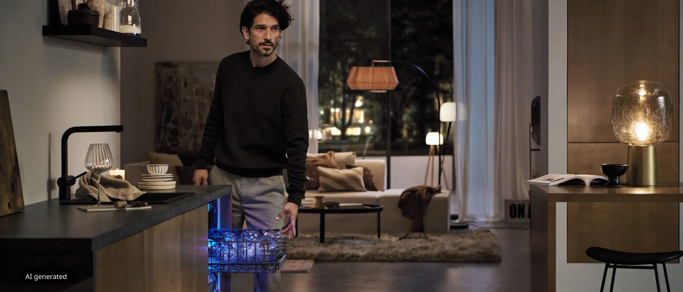 Mann in einem dunklen Pullover steht in einer modernen Küche und hält ein Tablett mit blauen Lichtern, im Hintergrund ein gemütliches Wohnzimmer.