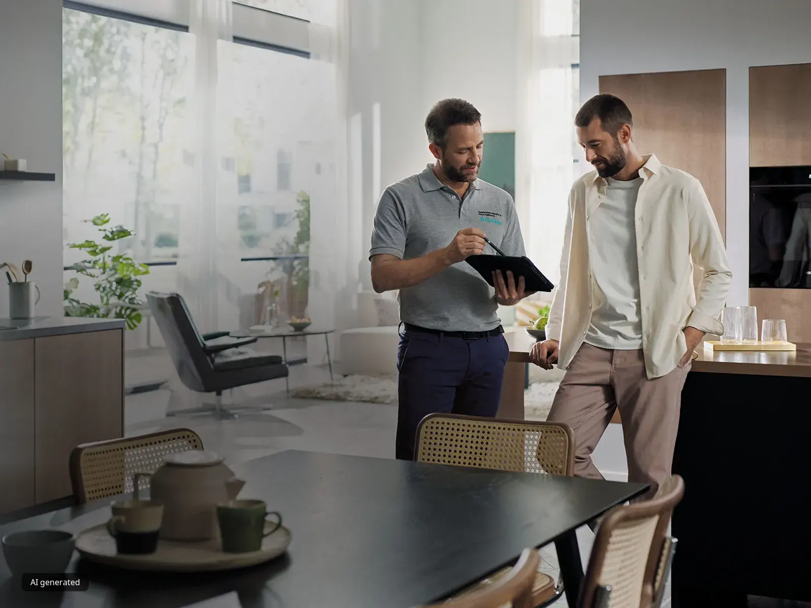 Two men discussing documents in modern home office.