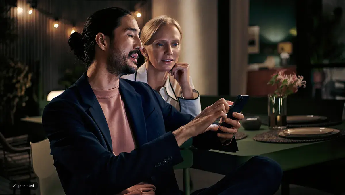 A man and woman sitting at a dinner table looking at a smartphone in the man’s hand.