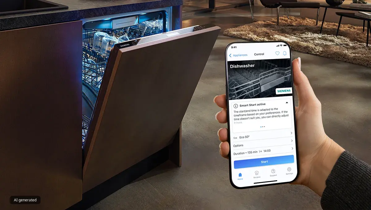 Smartphone met een website op het scherm, een laptop en een interieur met meubels.