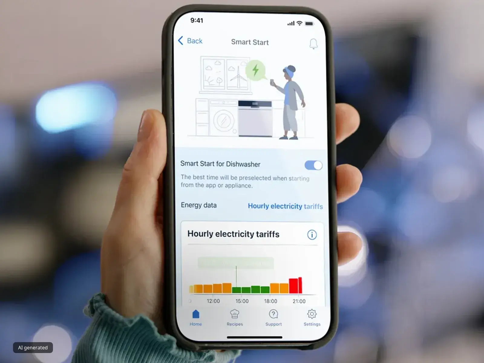 En hand som håller en smartphone med smartStart-funktionen i Siemens Home Appliances-appen.