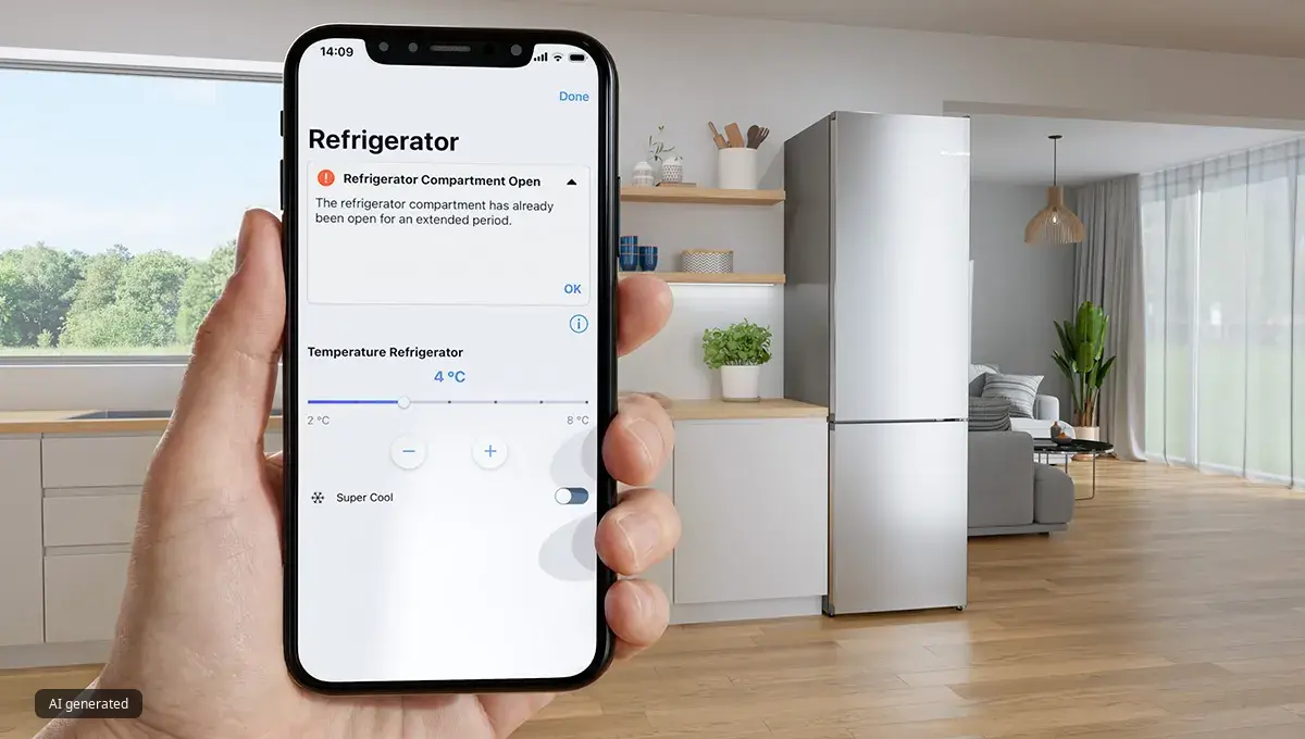 Смартфон показва приложението Home Connect в модерна кухня, с хладилник от неръждаема стомана, видим на заден план.