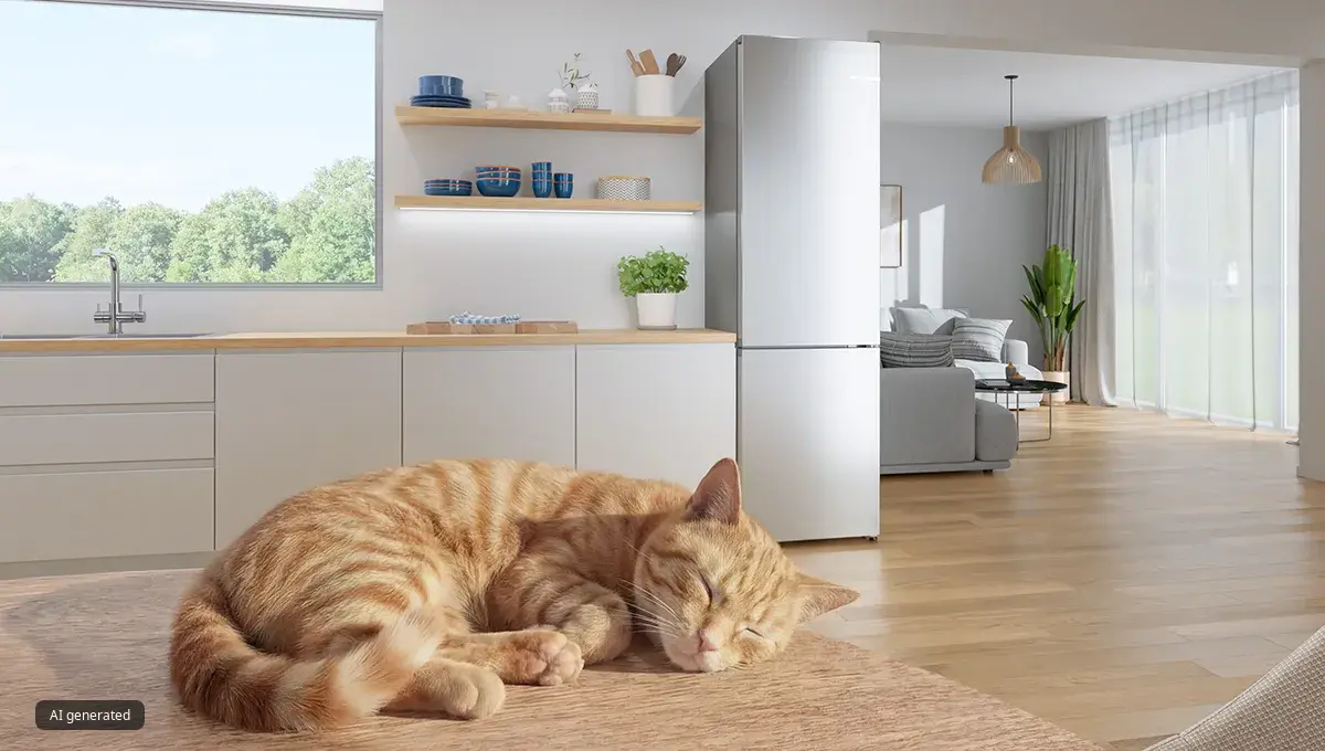 Котка почива на дървен кухненски плот в светла, модерна кухня, с хладилник с фризер отдолу на заден план.