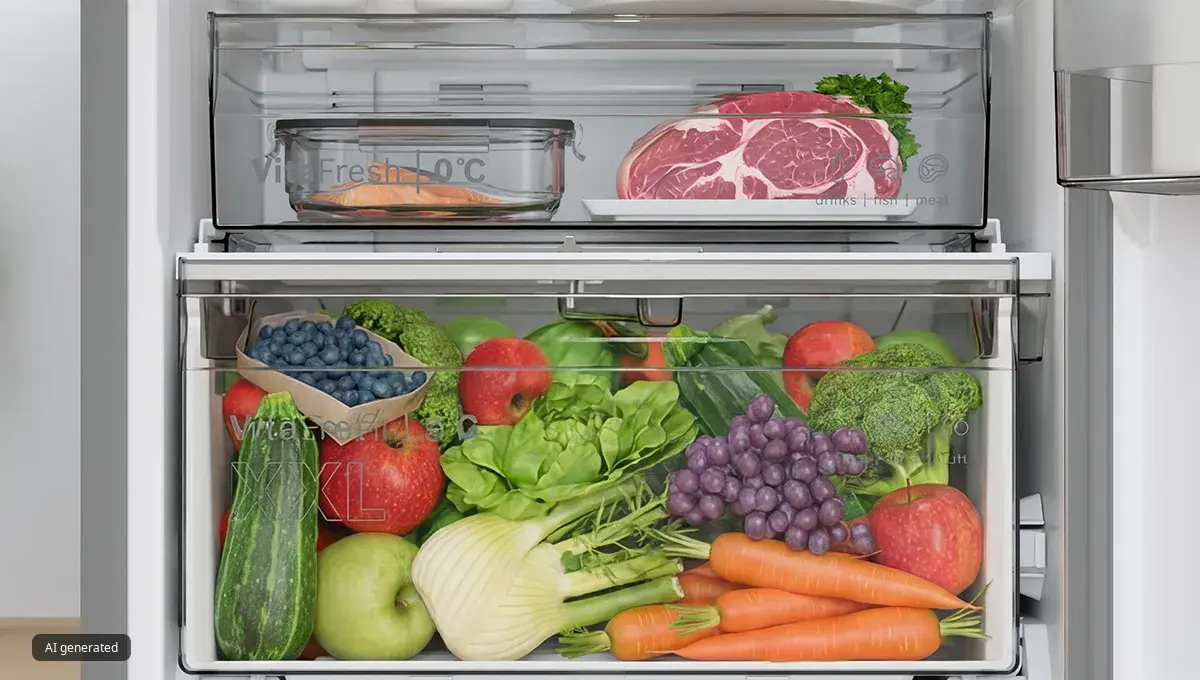 Свежи продукти са подредени в чекмеджето VitaFresh 0°C XXL, с охладена сьомга, месо и билки в чекмеджето отгоре.
