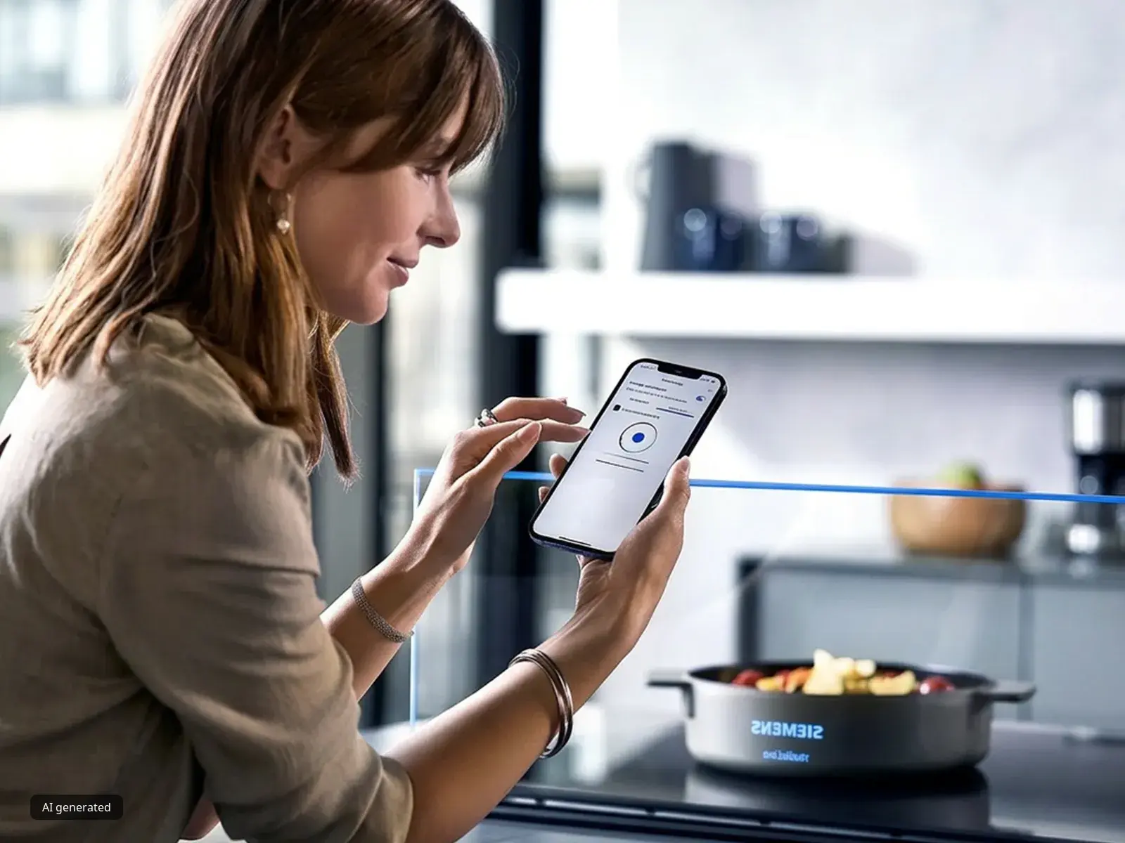 Woman using smartphone app to control smart home device.