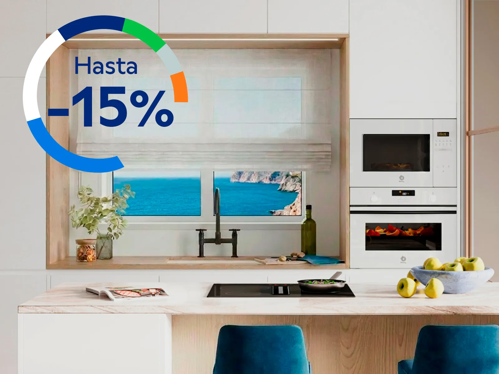 Imagen de cocina con electrodomésticos Balay, ventana con vistas al mar y texto "Hasta -15%"