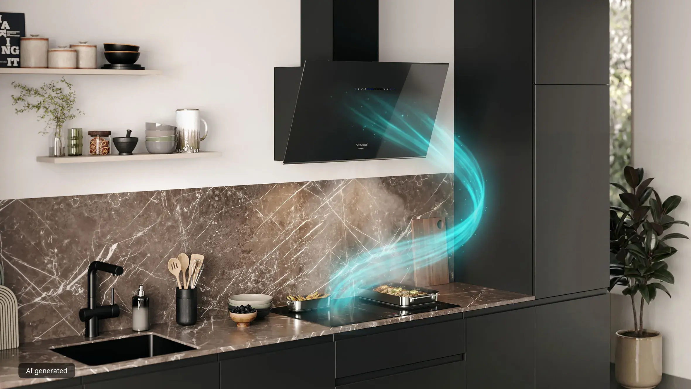 Moderne keuken met een strakke zwarte afzuigkap met blauwe verlichting, gecombineerd met een inductiekookplaat en stijlvolle decoratie.