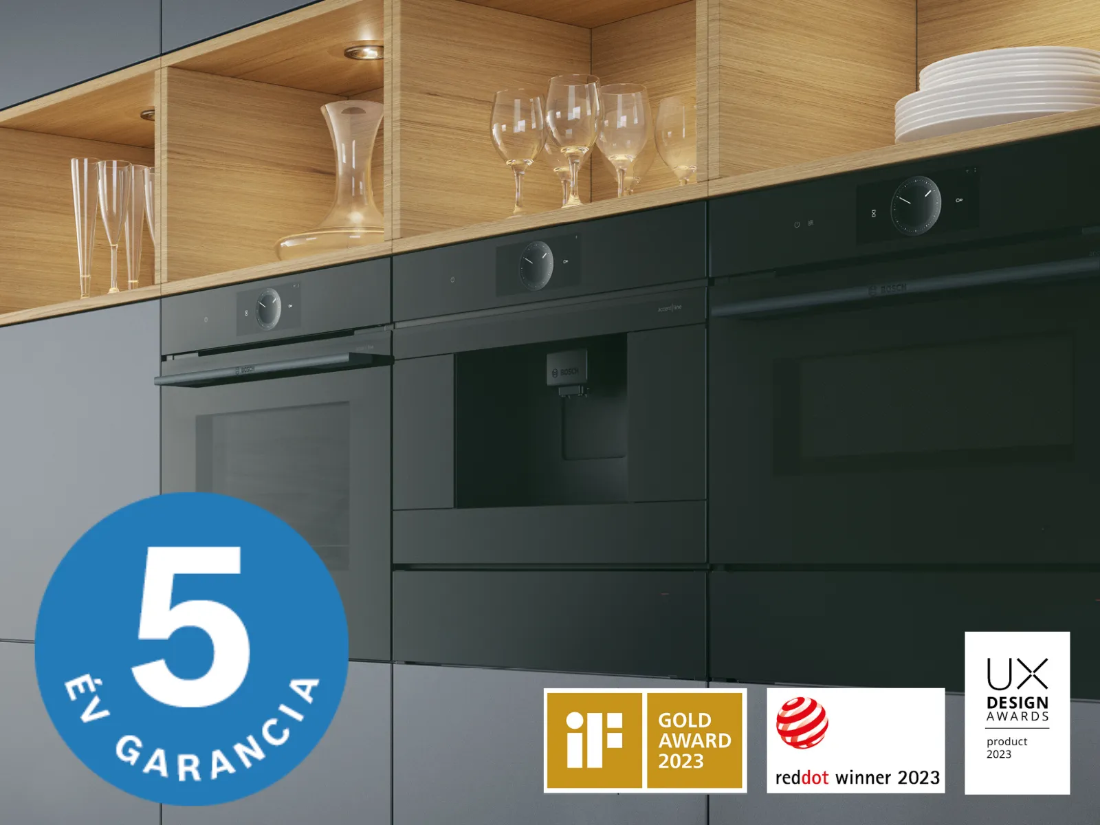 Bosch accentline beépíthető sütők látszanak  a képen egy modern konyhában, egy kék "5 év garancia" piktóval.