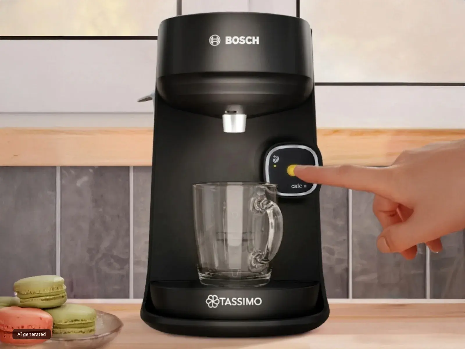 Hand pressing the button on a Bosch TASSIMO Harmony coffee machine, with a glass mug positioned below the dispenser