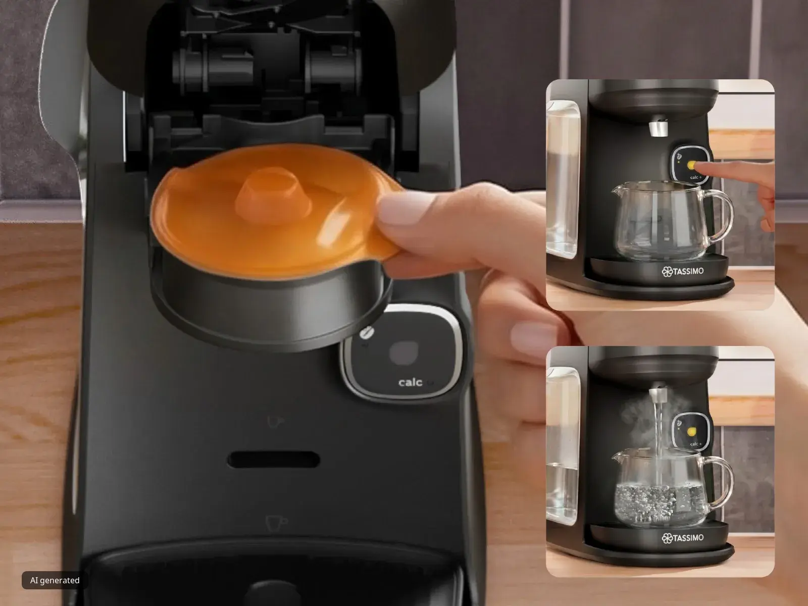 Hand inserting an orange T DISC into the Bosch TASSIMO Harmony coffee machine, with the machine immediately starting to brew when the button is touched.
