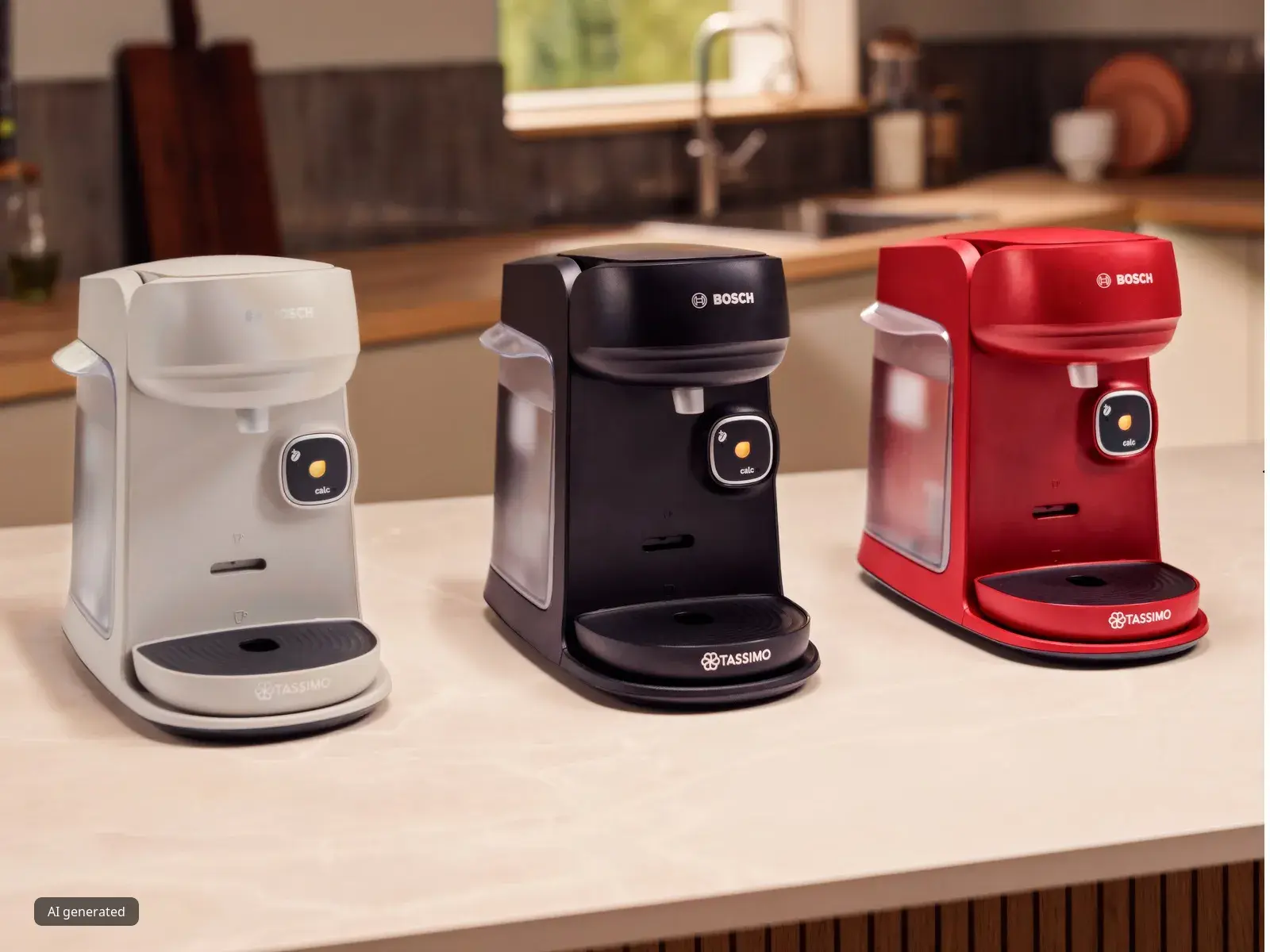 Three Bosch TASSIMO Harmony coffee machines in black, grey and red finishes, standing on a kitchen counter
