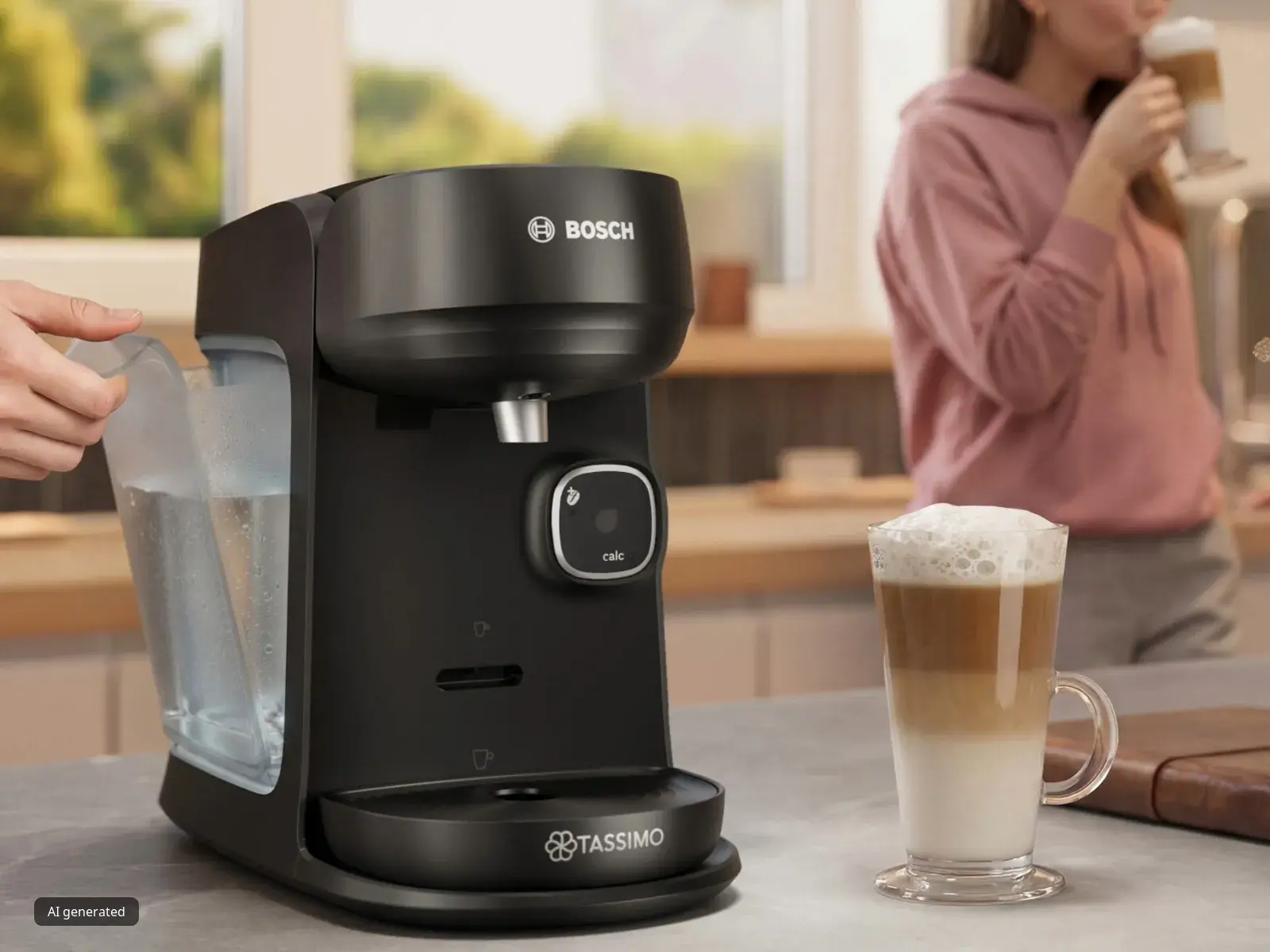 Bosch TASSIMO Harmony coffee machine dispensing a latte macchiato, with a woman in the background holding a latte macciato in a kitchen