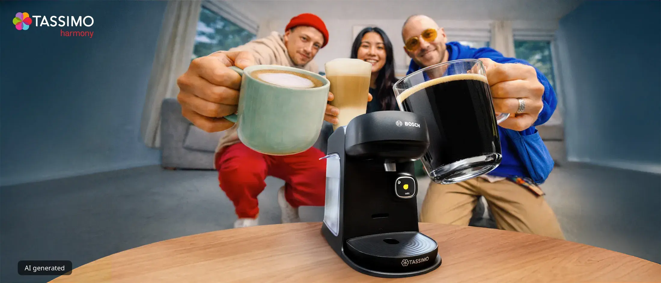 Three people at home raising cups of espresso, cappuccino and latte macchiato made with the Bosch TASSIMO Harmony coffee machine