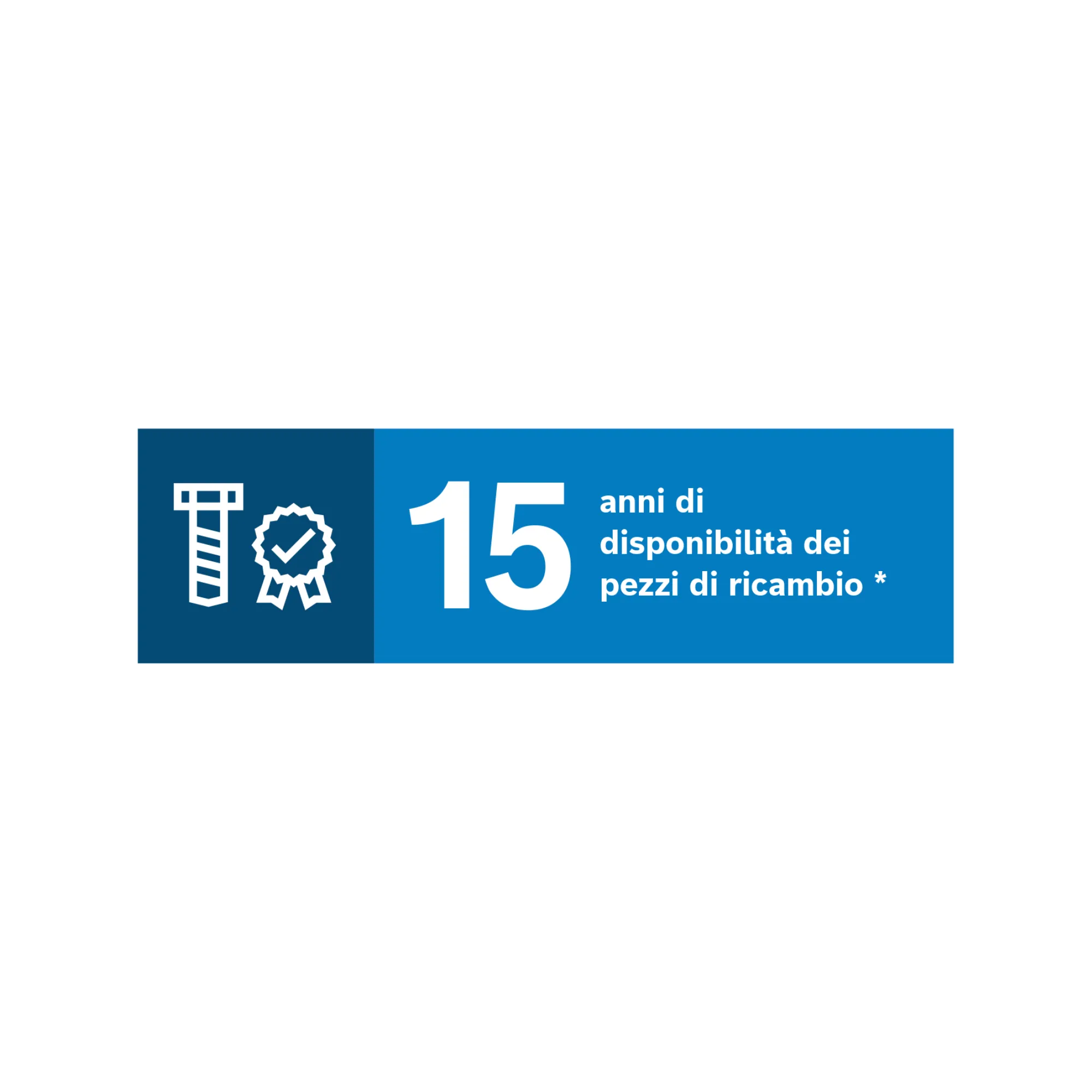 Un banner che recita "15 anni di disponibilità dei pezzi di ricambio" con l'icona di una vite e una coccarda