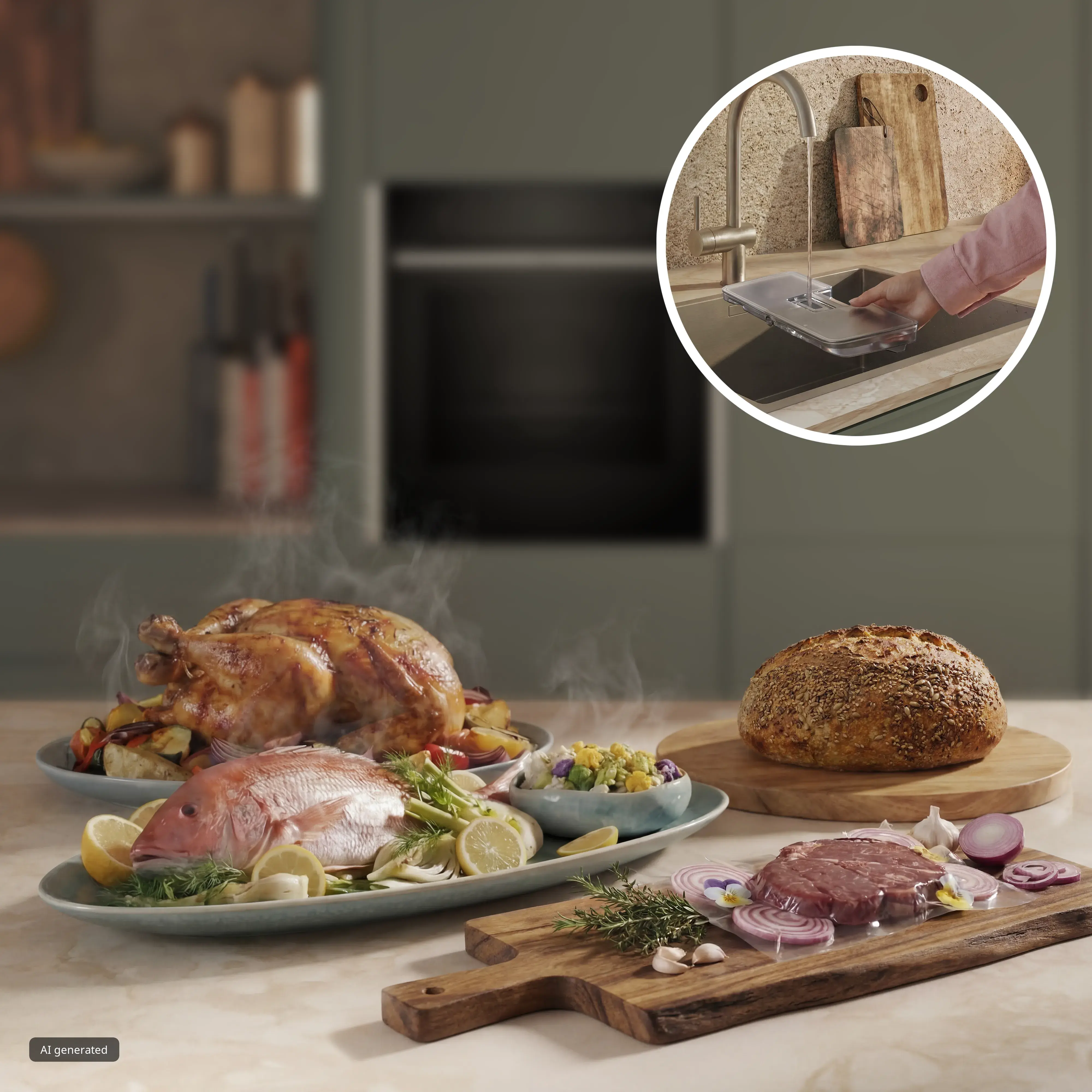 Brot, Fisch und Brathähnchen mit NEFF Full Steam Intensive Dampffunktion, Detailansicht des Befüllens des integrierten Wassertanks
