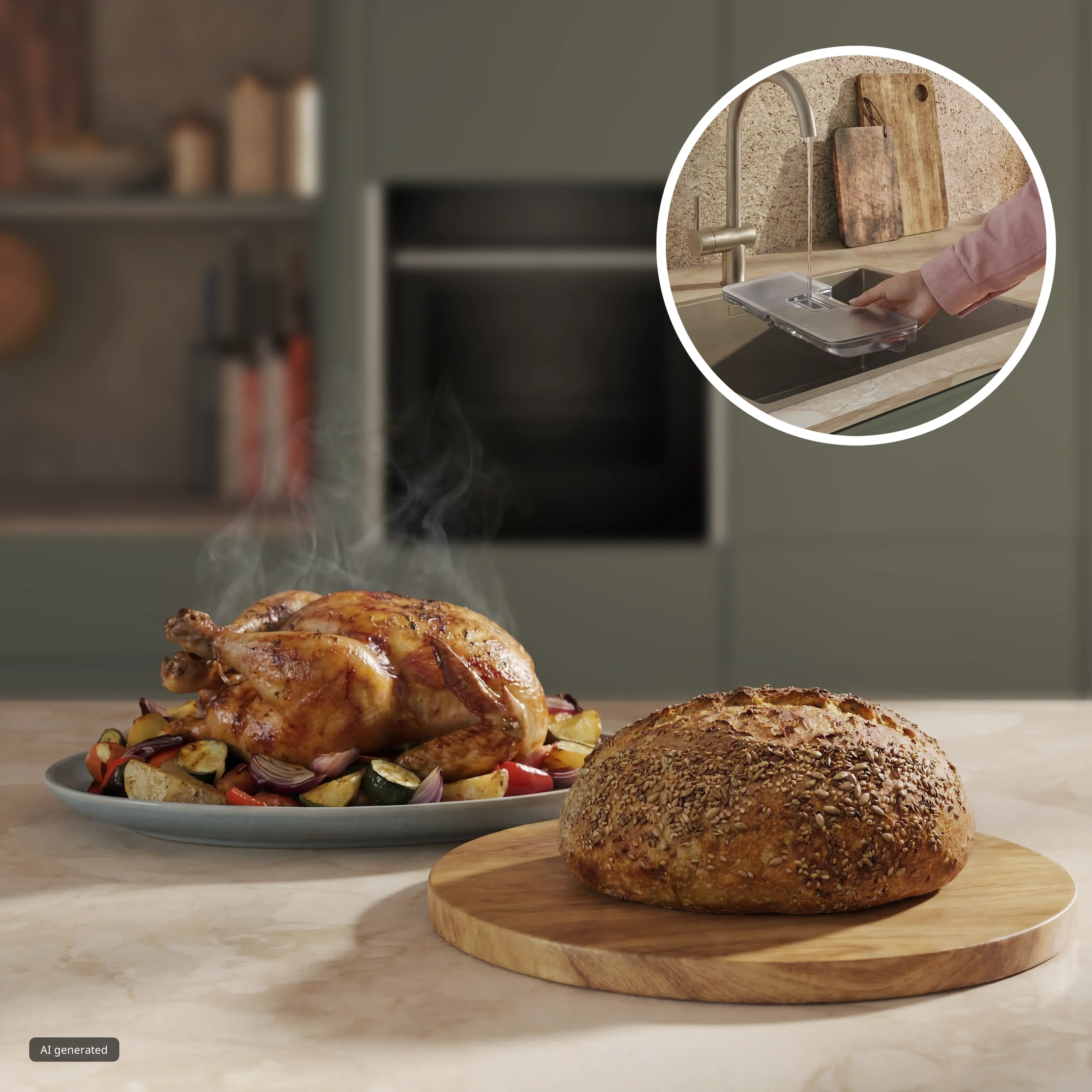 Frisch gebackenes Brot und Brathähnchen mit NEFF Vario Steam Dampfunterstützung, Detailansicht des Befüllens des integrierten Wassertanks
