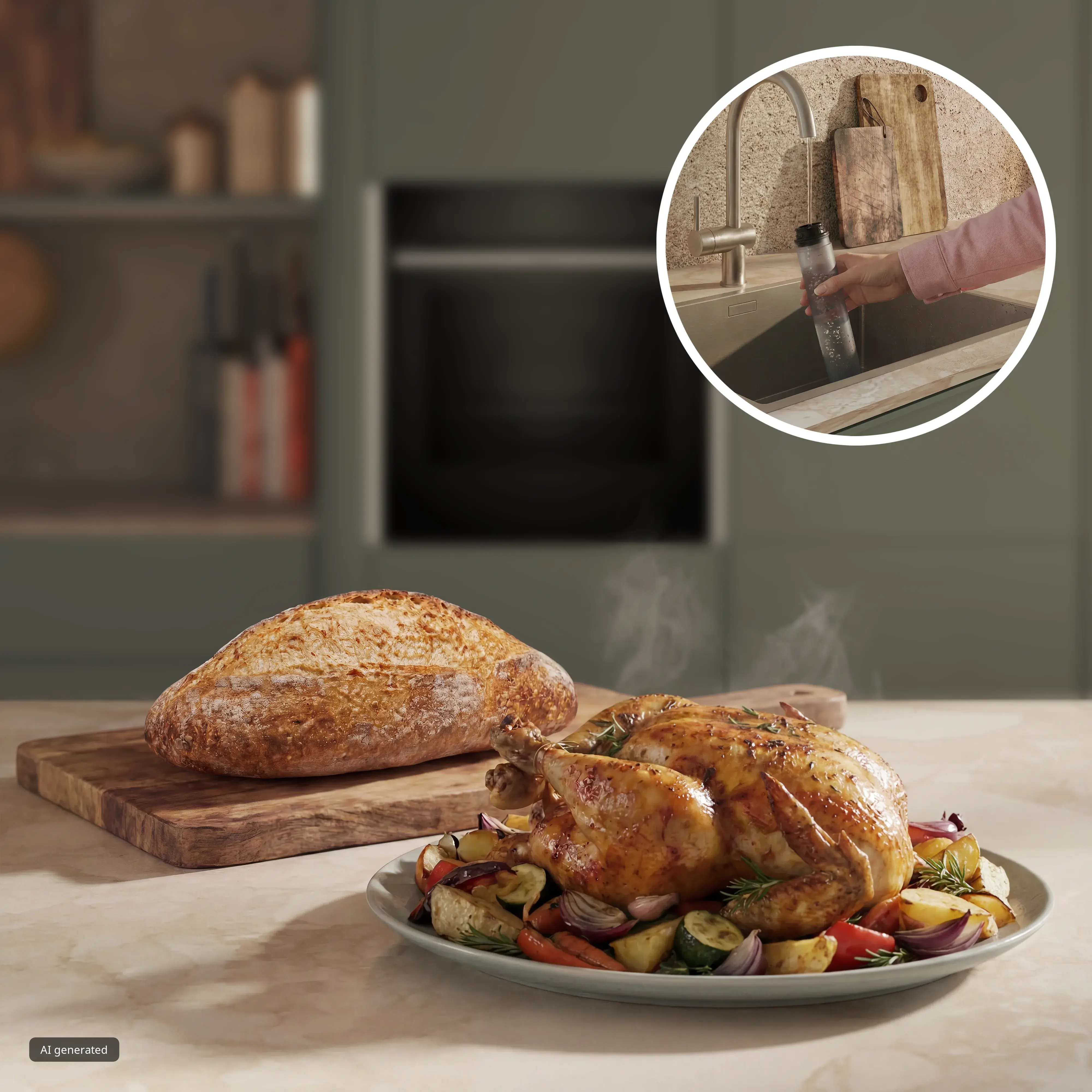 Frisch gebackenes Brot und Brathähnchen mit NEFF Added Steam Dampfunterstützung, Detailansicht des Befüllens des Wassertanks